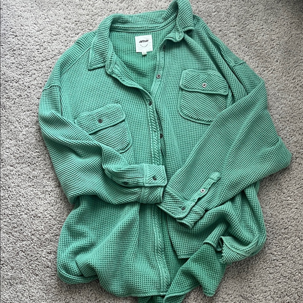 Aerie Green Waffle Knit Cardigan Lumberjane